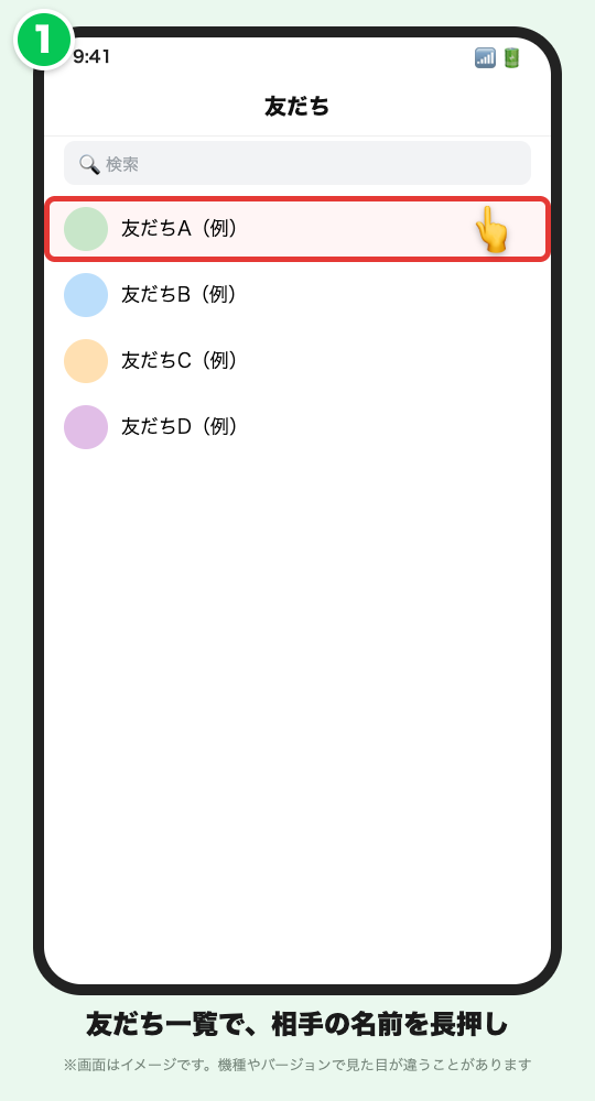 友だち一覧で友だちA(例)の名前を赤枠で囲んだLINE風の画面イメージ