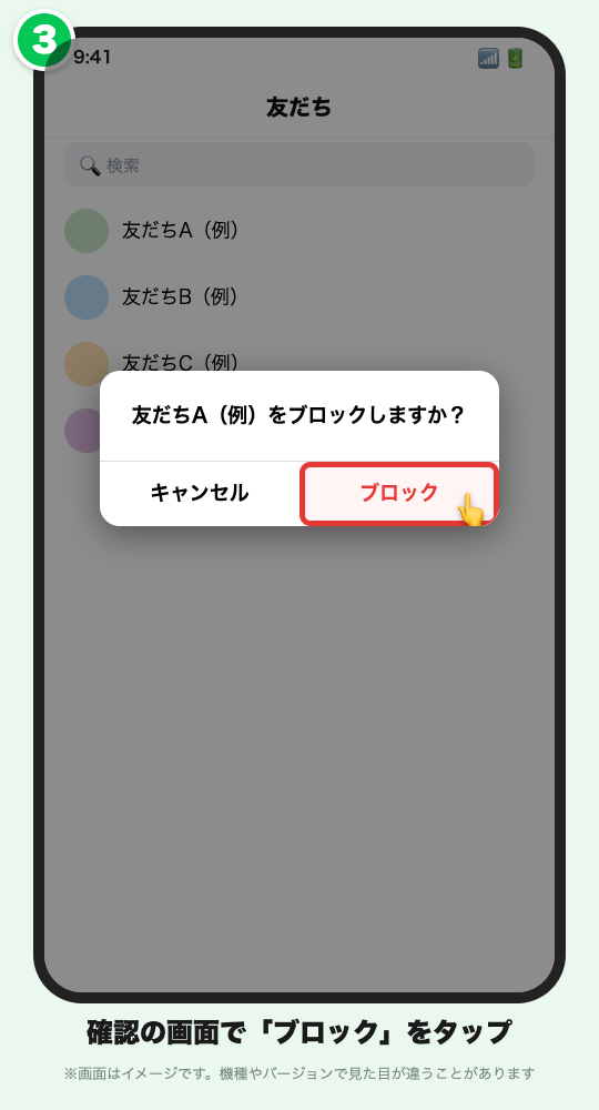 ブロックの確認画面で「ブロック」ボタンを赤枠で示したLINE風の画面イメージ