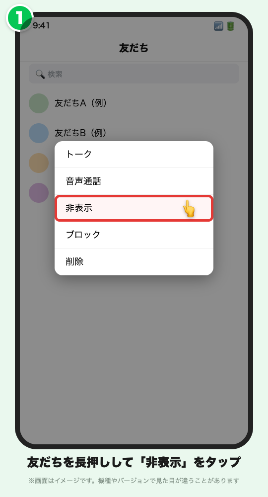 長押しで出たメニューの中の「非表示」を赤枠で示したLINE風の画面イメージ
