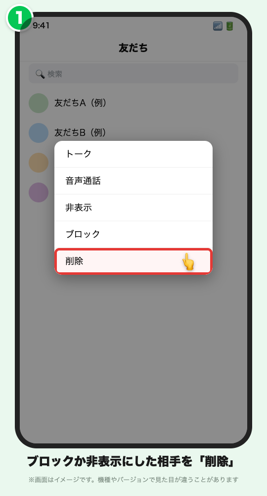 友だち一覧の長押しメニューで「削除」を赤枠で示したLINE風の画面イメージ