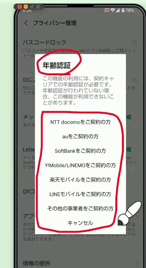 年齢確認の画面。契約している携帯電話会社を選ぶ一覧に赤丸がついている