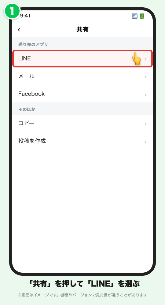 YouTubeの共有画面で「LINE」を選ぶ手順のイメージ